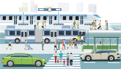 Bahnverkehr und Straßenverkehr mit Bahnhof,, Menschen  Illustration
