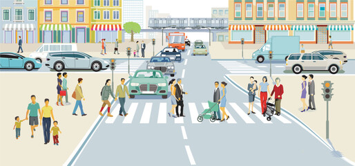 Obraz na płótnie Canvas Stadtsilhouette einer Stadt mit Verkehr und Personen, illustration