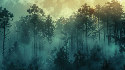 Fototapeta na wymiar Misty pine forest background