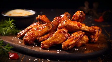 A dish of chicken wings with red barbecue sauce served in a nice decorated dish with french fries
