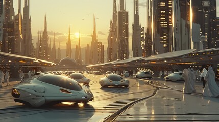 A futuristic city with a large number of vehicles, including cars and spaceships