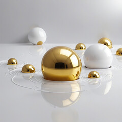 3d render, abstract geometric background, minimalist showcase scene with gold ball, white hemispheres and liquid floor, reflection in the water colorful background