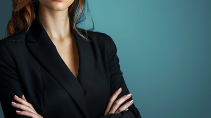 Confident business woman in a black suit with arms crossed.