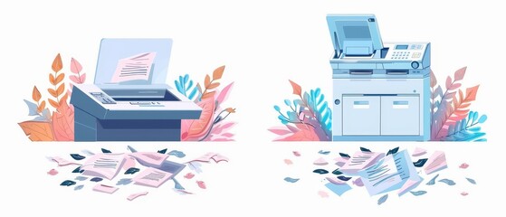 Illustration of a dark gray multifunction office floor copier printer scanner - with the lid open for manual paper feeding and with the lid closed on a white background. - obrazy, fototapety, plakaty