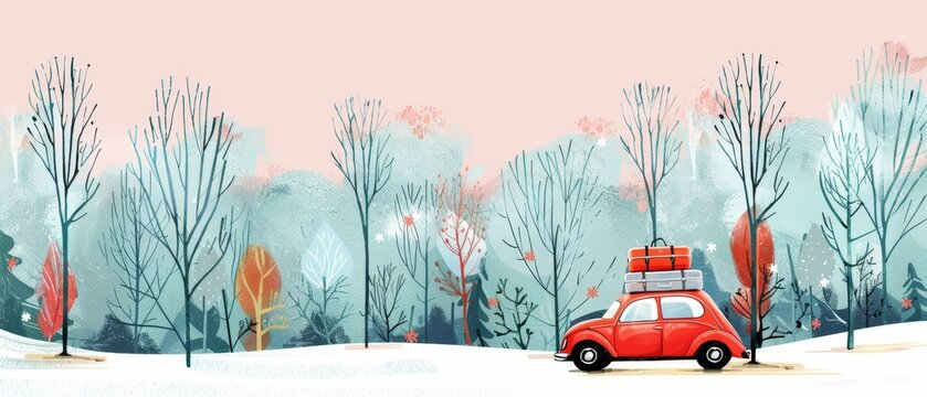 The red vintage car with suitcases on the roof is moving. Winter tourism, travel, trip. Flat cartoon modern illustration of a car side view.