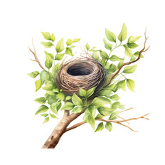 Bird nest on a tree branch. Empty nest with branches isolated on white background generative ai - 767069604