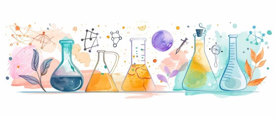 The set of chemistry and science icons is a hand drawn doodle style collection of laboratory equipment. Kids chemistry and science elements, formulas, and test tubes for children. It has a lettering - obrazy, fototapety, plakaty