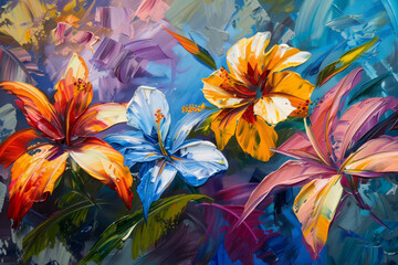 Oil painting flowers on canvas. Colorful background