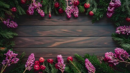 Fototapeta na wymiar Beautiful fresh lilac border on wooden background for holiday decoration