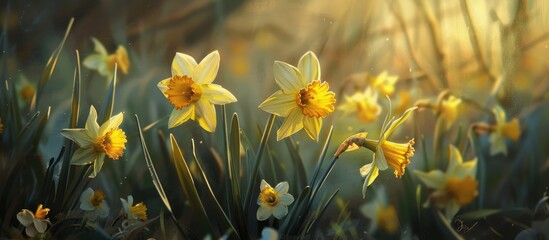Daffodil blooms in the meadow - obrazy, fototapety, plakaty