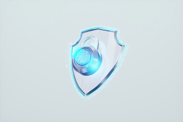 Shield and lock with fingerprint hologram, fingerprint scanner. Concept data protection, cyber security, information protection, data confidentiality, biometric password. 3D render, 3D illustration.