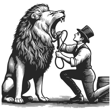 recommend clip art: Circus ringmaster with lion trainer with lion sketch engraving generative ai fictional character vector illustration. Scratch board imitation. Black and white image.