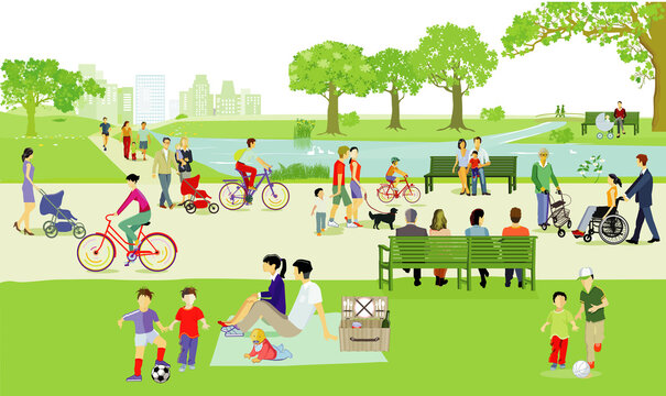 Menschengruppen im Park auf dem Spielplatz mit Familien, Eltern und Kinder, illustration