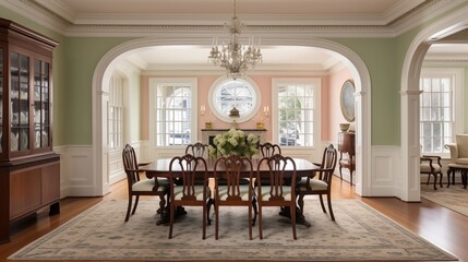 Historic Colonial estate dining room with pedimented entryways crown molding and Palladian windows. - obrazy, fototapety, plakaty