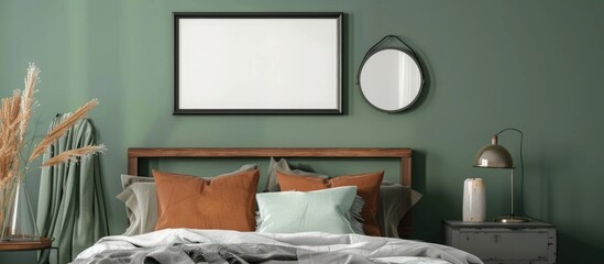 Mockup of a black picture frame and silver lamps on a sage green wall in a bedroom setting, with grey linen and rusty muslin pillows on a wooden bed.