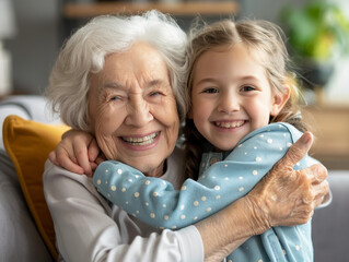 Happy old grandmother hugging little grandchild girl looking at camera, smiling mature mother or senior grandma granny laughing embracing adopted kid granddaughter sitting on couch 
