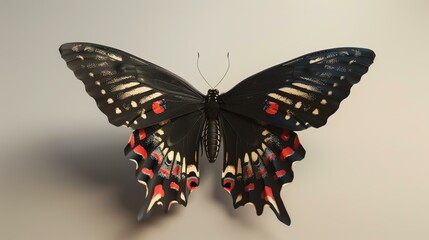 Graceful black butterfly with red and yellow markings on a white background - obrazy, fototapety, plakaty
