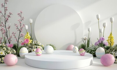 Empty white round podium stage with Easter eggs and flowers