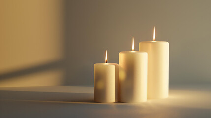 Three white candles of different sizes are lit on a white table against a beige background. - obrazy, fototapety, plakaty