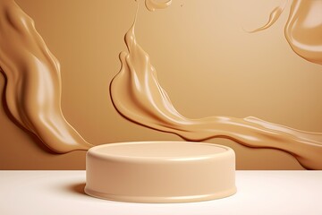 beige pedestal podium with liquid foundation splash swirl on light background - obrazy, fototapety, plakaty