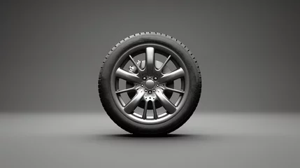 Fotobehang 3D rendering of a single car wheel with a tire on a gray background. The wheel is made of silver-colored alloy and has a complex 5-spoke design. © Pixel