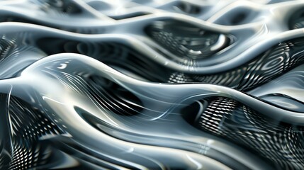 3D rendering of a smooth metal surface with a wave-like pattern. The surface is lit from above and has a glossy finish. - obrazy, fototapety, plakaty