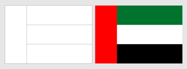 United Arab Emirates flag - coloring page. Set of white wireframe thin black outline flag and original colored flag.