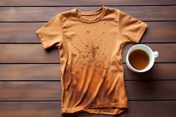 The child spilled coffee on his clothes. The concept of a stain on a t-shirt. Top view