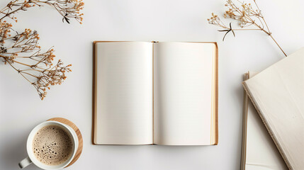 Mock-up of blank pages of an open notebook with copy-space for text on a white background with a coffee cup, autumn little flowers and books decoration. - obrazy, fototapety, plakaty