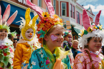 Colorful Easter parade with floats and costumes in a small town