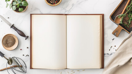 Mock-up of blank pages of an open notebook with copy-space for text on a white background with herbs, cooking and baking stuff and ingredient ornaments decoration.