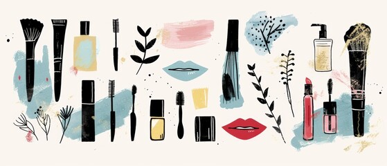 A set of cosmetic products. Cream tube, lipstick, nail polish, mascara, eye shadows, brush. Woman stuff, girls accessories. Face, skin care products. Modern flat hand drawn icons. - obrazy, fototapety, plakaty