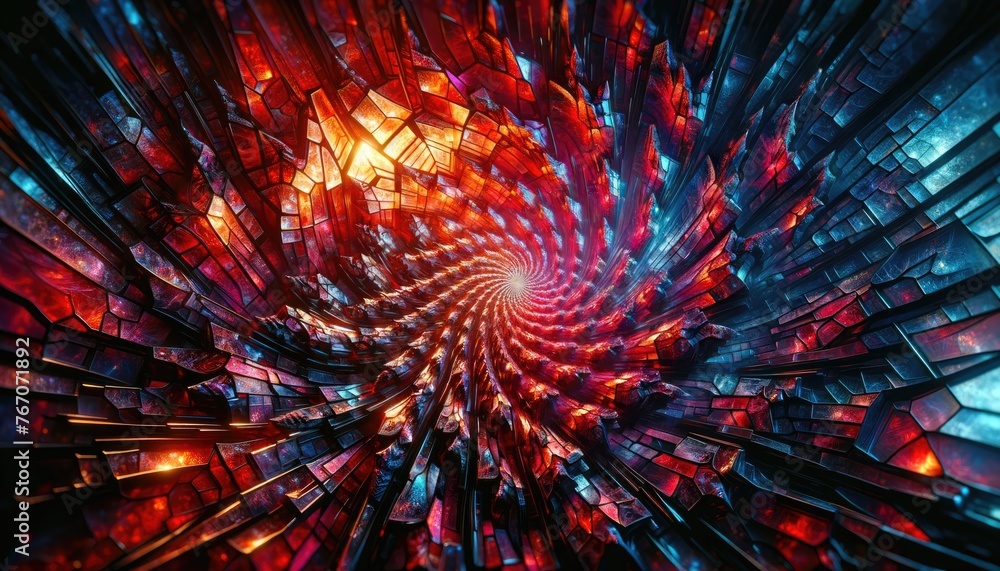 Poster this image captures a captivating, spiraling tunnel of geometric shapes, glowing with an intense fus