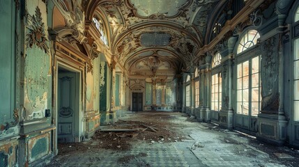 This is an image of a grand hall in an abandoned mansion. The hall is in disrepair, with the paint peeling from the walls and the furnitureç ´è´¥ä¸å ª. - obrazy, fototapety, plakaty