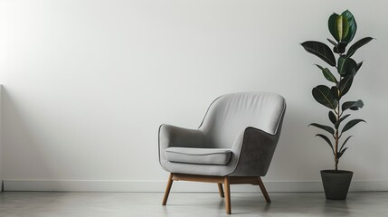Modern minimalist interior with an elegant grey armchair and a tall green plant. Perfect for contemporary home decor themes. Simple, clean design for modern living. AI