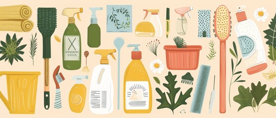 Set of Household cleaning supplies symbols in flat hand drawn style. Cartoon illustrations showing buckets and chemistry. Graphic concept for mobile applications, banners, and websites.