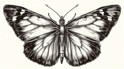 Graceful black and white butterfly with intricate details. Perfect for a tattoo, framed print, or digital artwork.