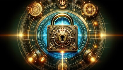 image features a highly detailed, ornate lock centered within an intricate array of futuristic, circular cybernetic interfaces, glowing with golden, blue hues that suggest advanced security technology