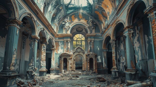 The image is of a grand hall in an abandoned church. The hall is in ruins, with the walls and ceiling cracked and peeling.