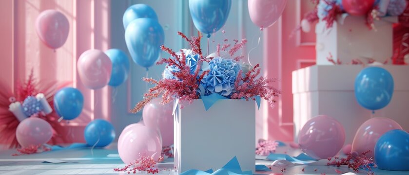 Using blue balloons and lettering, this 3d illustration depicts a gender reveal party.