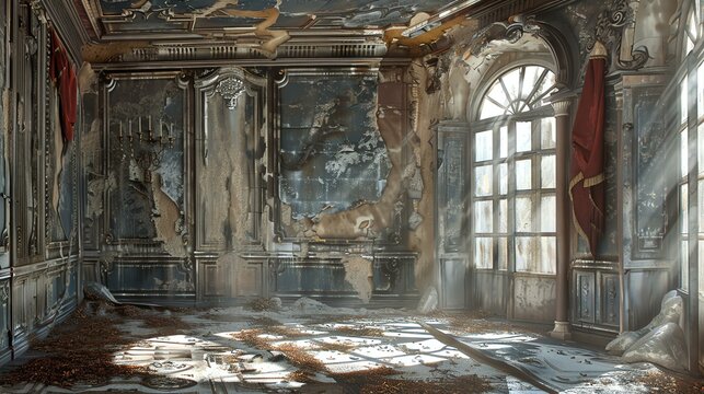 The image is a 3D rendering of a grand hall in a ruined palace. The hall is in disrepair, with the walls and ceiling cracked and peeling.