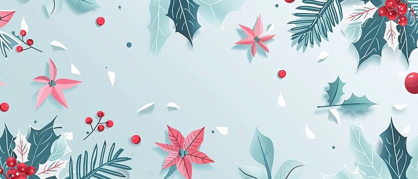 Greeting card with Christmas decorations, poinsettias, holly berries, spruces, Xmas brunch symbols. Modern flat illustration isolated on light blue background.