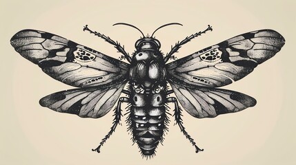 A black and white illustration of a moth with intricate details. The moth has its wings spread out...