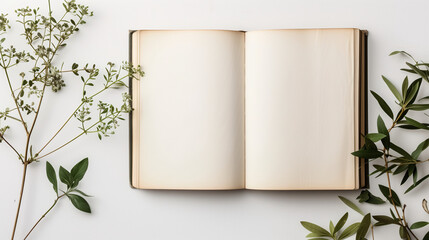 Mock-up of blank pages of an open notebook with copy-space for text on a white background with tropical green branches decoration. - obrazy, fototapety, plakaty