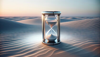 An elegant hourglass stands on the endless ripples of a tranquil desert, symbolizing the passage of time amidst timeless nature, with the soft glow of sunset in the background.