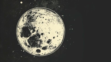 A black and white drawing of the moon with a distressed texture. The moon is centered in the frame and surrounded by stars.