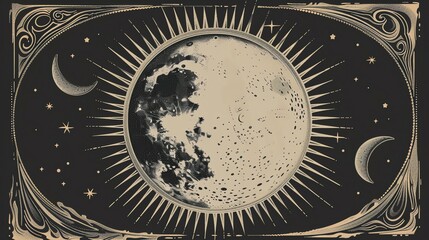 A beautiful vintage engraving of the moon. The moon is full and surrounded by stars. The image is bordered by a decorative frame. - obrazy, fototapety, plakaty