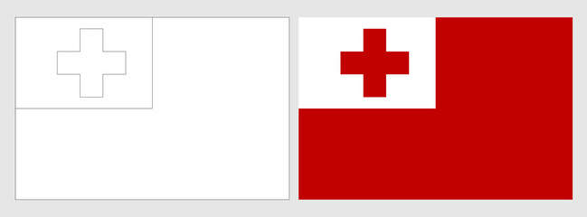 Tonga flag - coloring page. Set of white wireframe thin black outline flag and original colored flag.