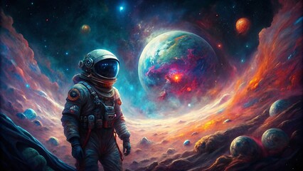 colorful illustration astronaut in outer space against the background of planets and stars.