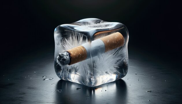 Portray the idea of quitting smoking or breaking harmful habits with this impactful image: a cigarette trapped in ice. The contrast between warmth and coldness serves as a powerful metaphor for libera